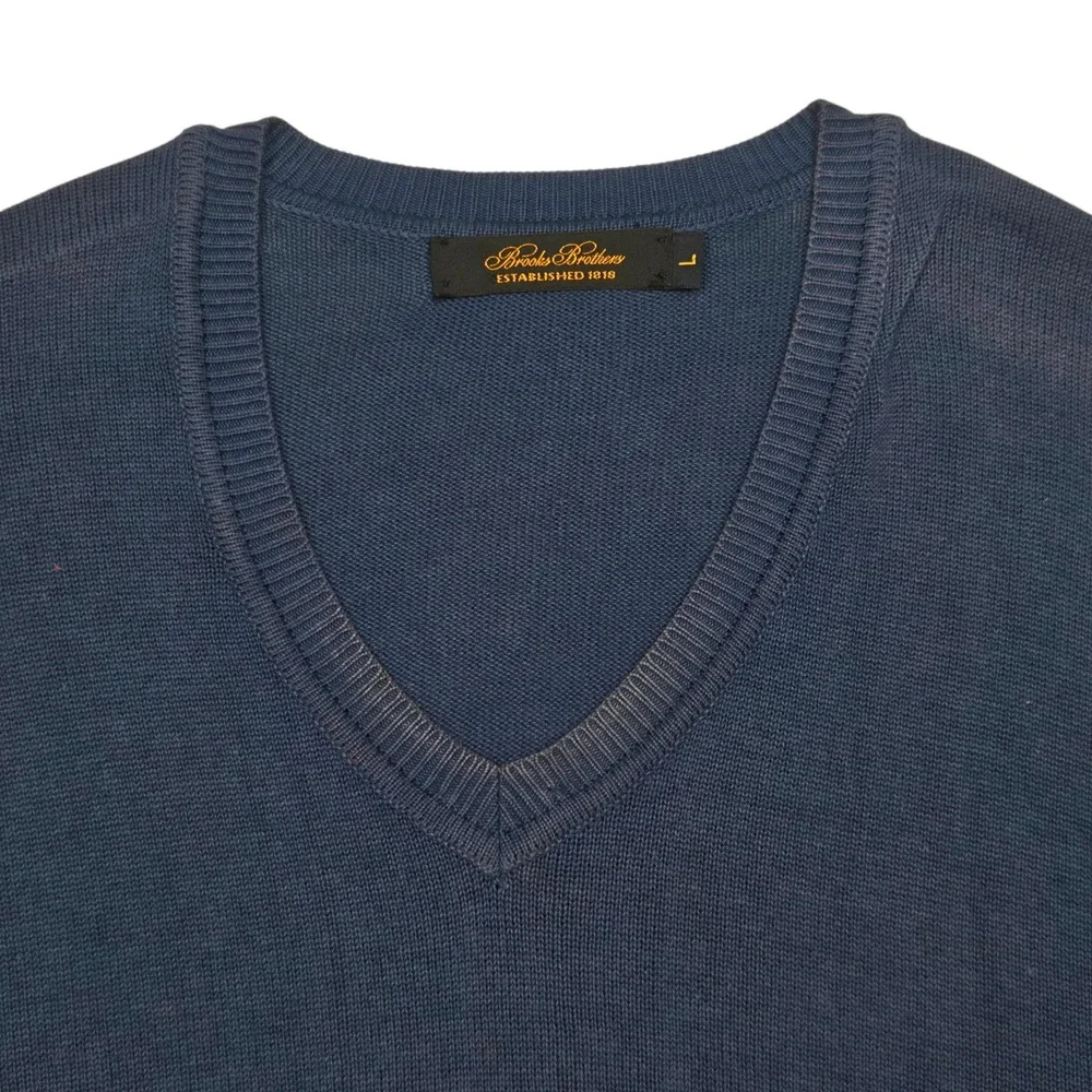 Brooks Brothers Sweater Mens Large Blue V-Neck Cotton Knit Made in USA Pullover